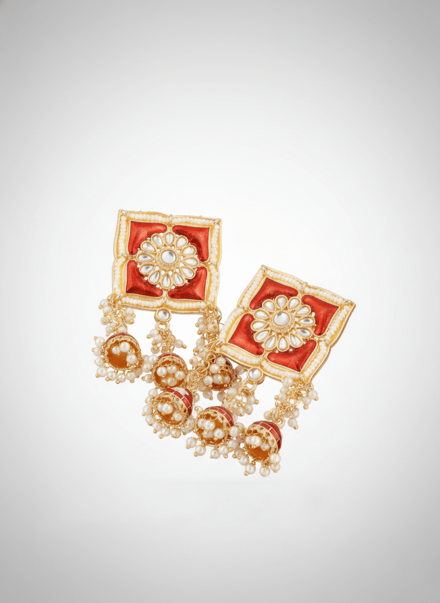 Gold Plated Red Floral Meenakari Jhumka Drops for Ethnic Elegance - Image 2