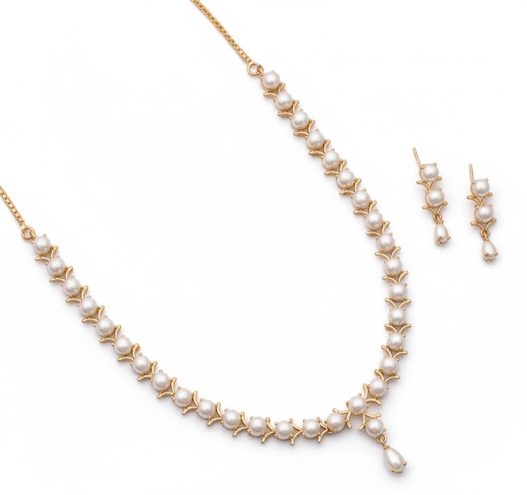Elegant Pearl Necklace & Earring Set Single Line Design - Image 3