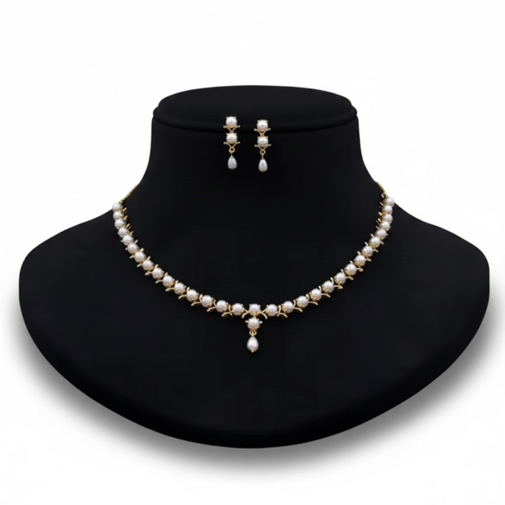 Elegant Pearl Necklace & Earring Set Single Line Design - Image 4