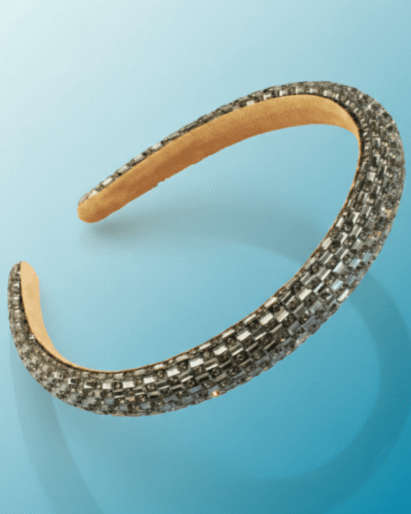 Beige Velvet Headband with Black Crystal Embellishments