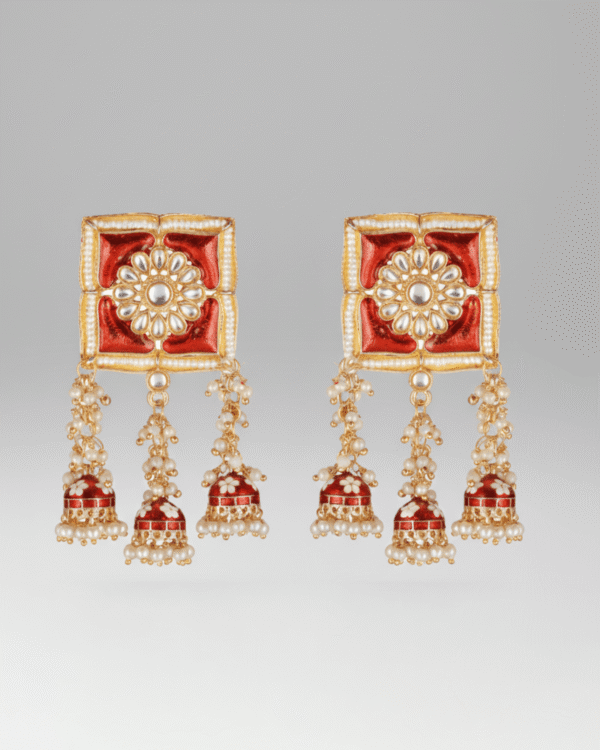 Gold Plated Red Floral Meenakari Jhumka Drops for Ethnic Elegance