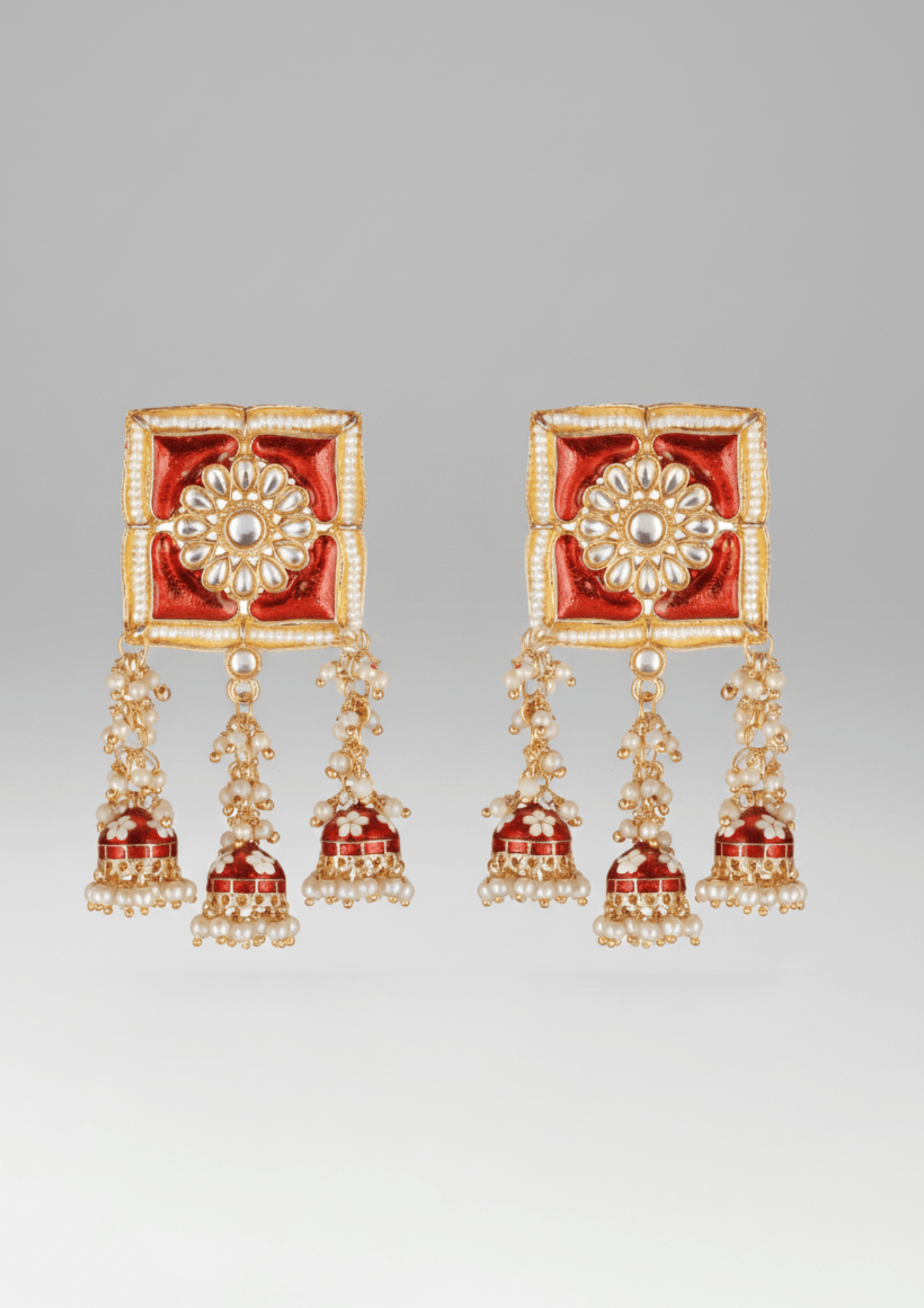 Gold Plated Red Floral Meenakari Jhumka Drops for Ethnic Elegance