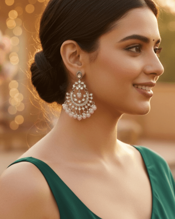 White & Purple Beaded Kundan Chandbali Earrings in Oxidized Silver