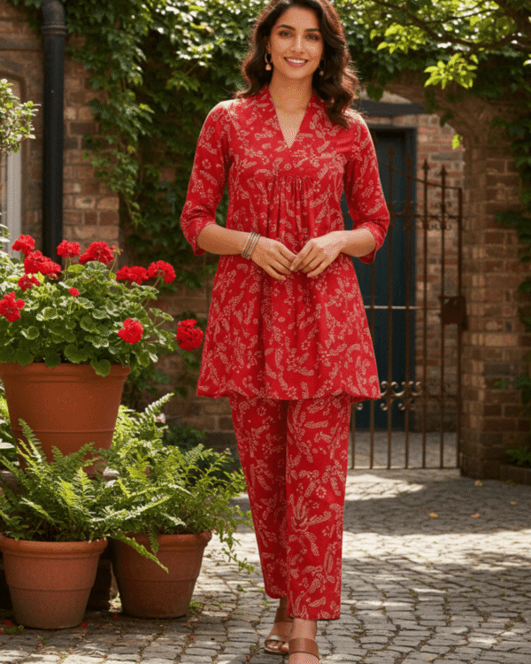 Women’s Floral Co-ord Set Straight V-Neck 3/4 Sleeve Top & Pant Ensemble Elegant Blue & Red Styles Perfect for Casual, Brunch & Festive Outings